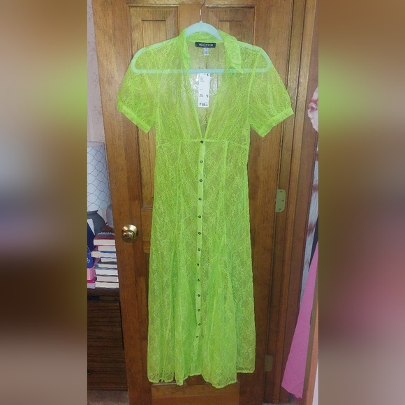 Urban Outfitters Connie Sheer Lace Maxi Dress Neon Green - Picture 6 of 10